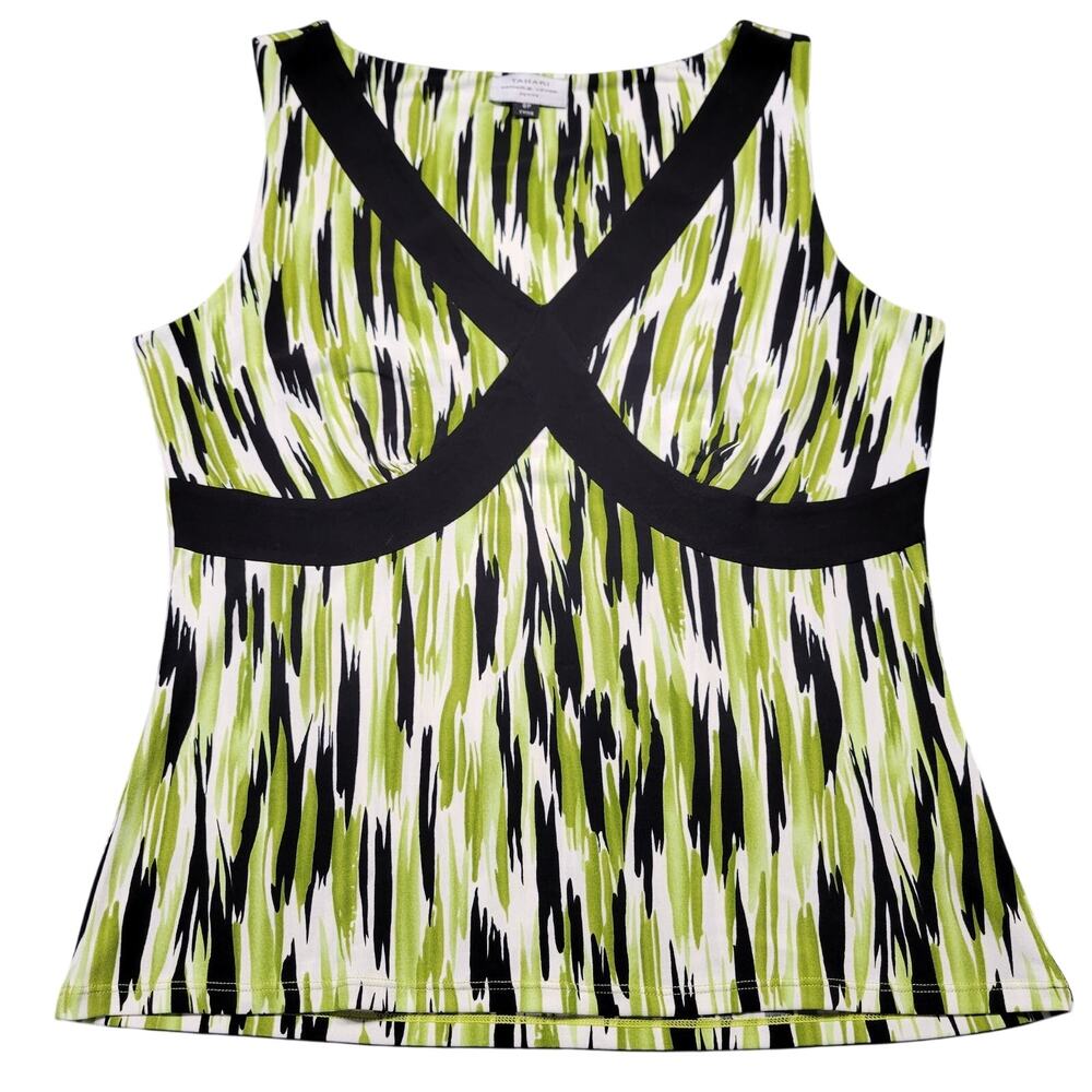 Tahari Sleeveless Blouse Womens Petite Size 8 Green Black Abstract Printed Shirt